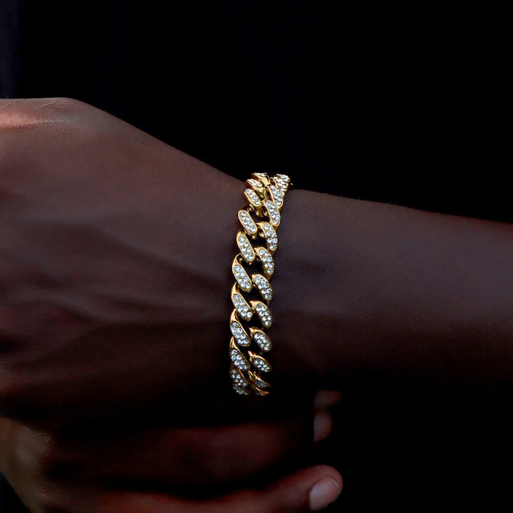 Hip Hop Cuban Link Bracelet for Men Women, Iced Out Rhinestone Gold Silver Color Miami Chain, Unisex Bling Jewelry Gift