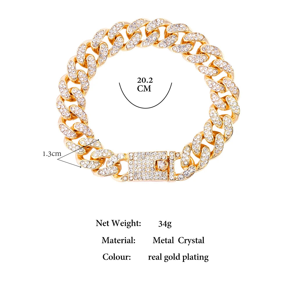 Hip Hop Cuban Link Bracelet for Men Women, Iced Out Rhinestone Gold Silver Color Miami Chain, Unisex Bling Jewelry Gift