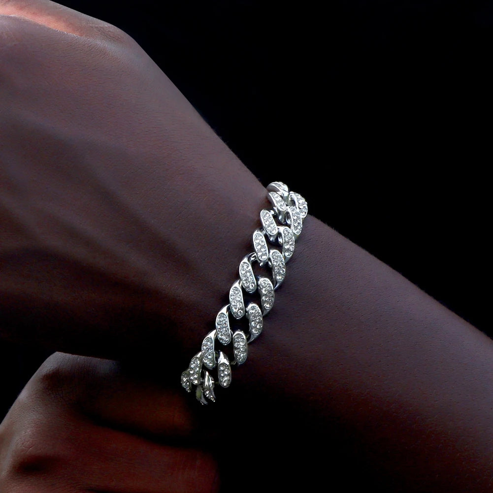 Hip Hop Cuban Link Bracelet for Men Women, Iced Out Rhinestone Gold Silver Color Miami Chain, Unisex Bling Jewelry Gift