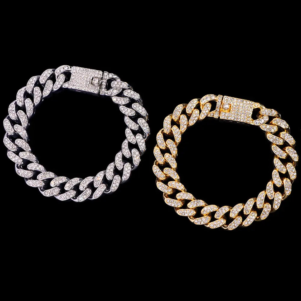 Hip Hop Cuban Link Bracelet for Men Women, Iced Out Rhinestone Gold Silver Color Miami Chain, Unisex Bling Jewelry Gift