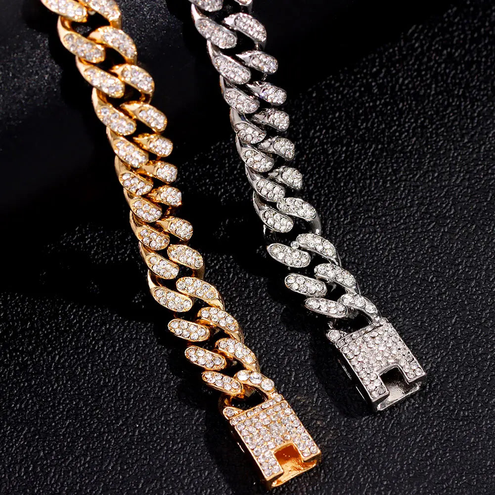 Hip Hop Cuban Link Bracelet for Men Women, Iced Out Rhinestone Gold Silver Color Miami Chain, Unisex Bling Jewelry Gift
