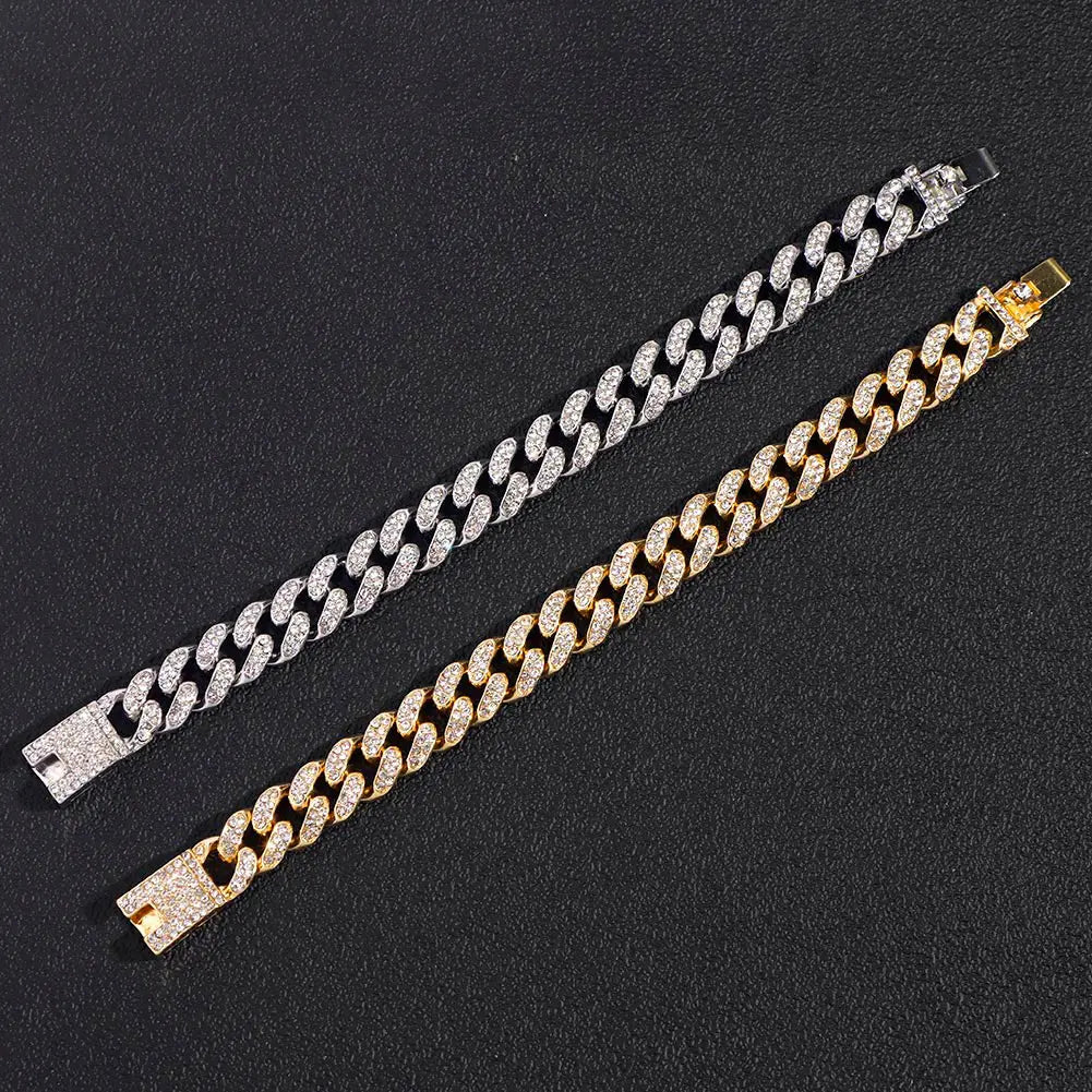 Hip Hop Cuban Link Bracelet for Men Women, Iced Out Rhinestone Gold Silver Color Miami Chain, Unisex Bling Jewelry Gift