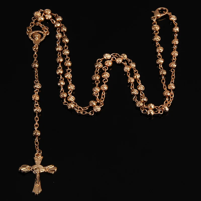 4mm stainless steel bead necklace, vintage Jesus cross necklace.