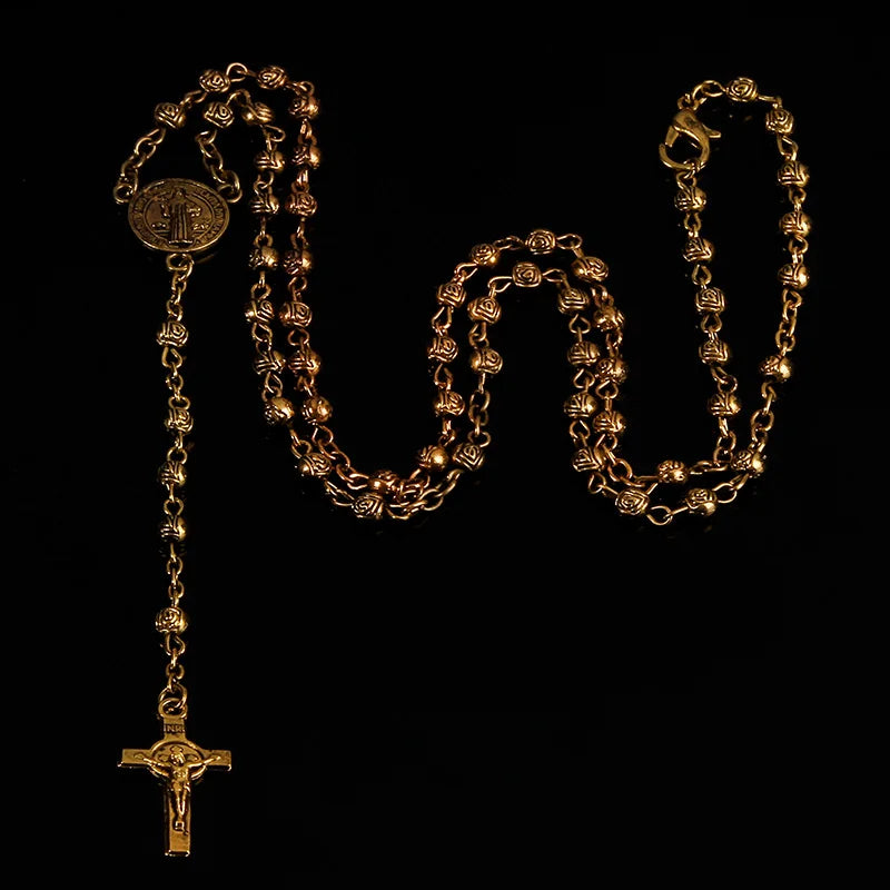 4mm stainless steel bead necklace, vintage Jesus cross necklace.