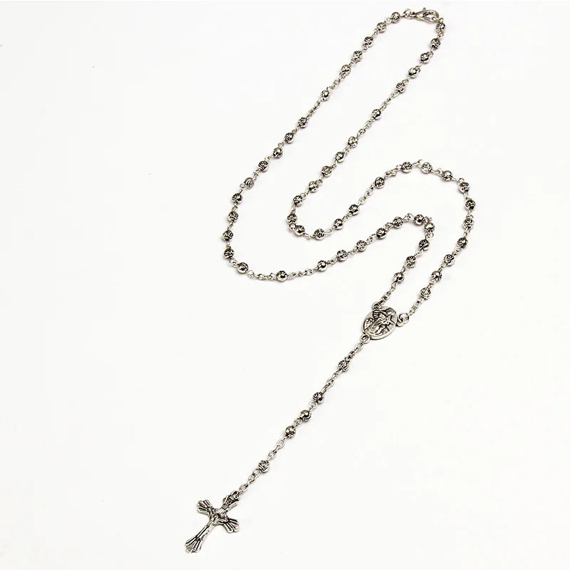 4mm stainless steel bead necklace, vintage Jesus cross necklace.