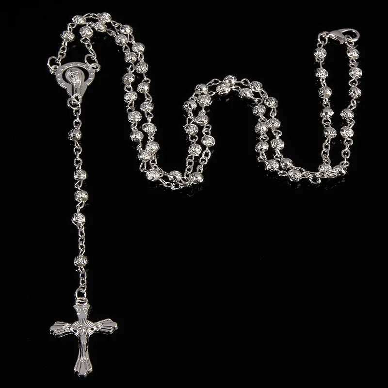 4mm stainless steel bead necklace, vintage Jesus cross necklace.