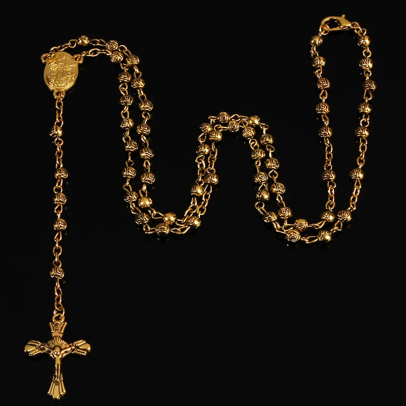 4mm stainless steel bead necklace, vintage Jesus cross necklace.
