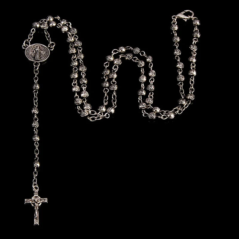 4mm stainless steel bead necklace, vintage Jesus cross necklace.