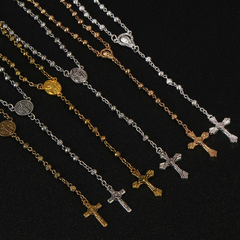 4mm stainless steel bead necklace, vintage Jesus cross necklace.