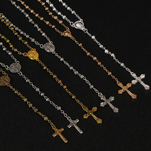 4mm stainless steel bead necklace, vintage Jesus cross necklace.