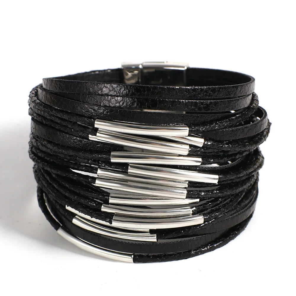 Leather Bracelet for Women Men Chunky Glitter Filled Slim Multilayer Wrap Wide Bracelets Party Jewelry