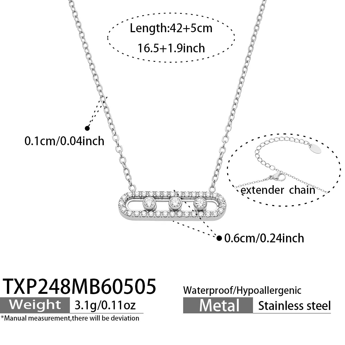 Three Slidable Zircon Pendant Necklace 18k Gold Plated Stainless Steel
