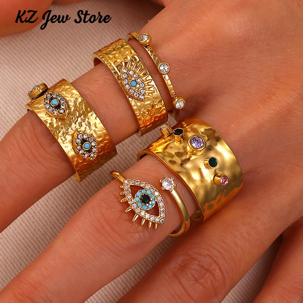 Punk Türkiye Eye Zirconcia Rings Gold Color Stainless Steel Waterproof