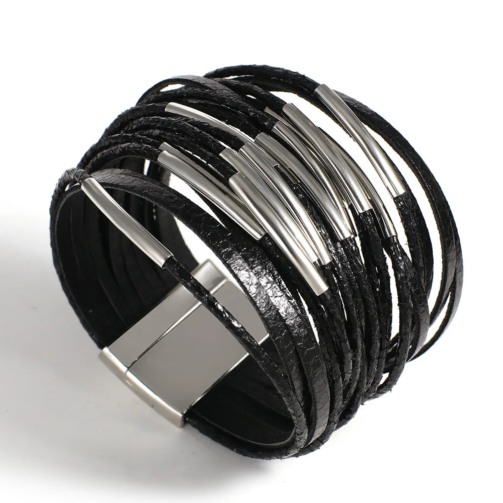 Leather Bracelet for Women Men Chunky Glitter Filled Slim Multilayer Wrap Wide Bracelets Party Jewelry