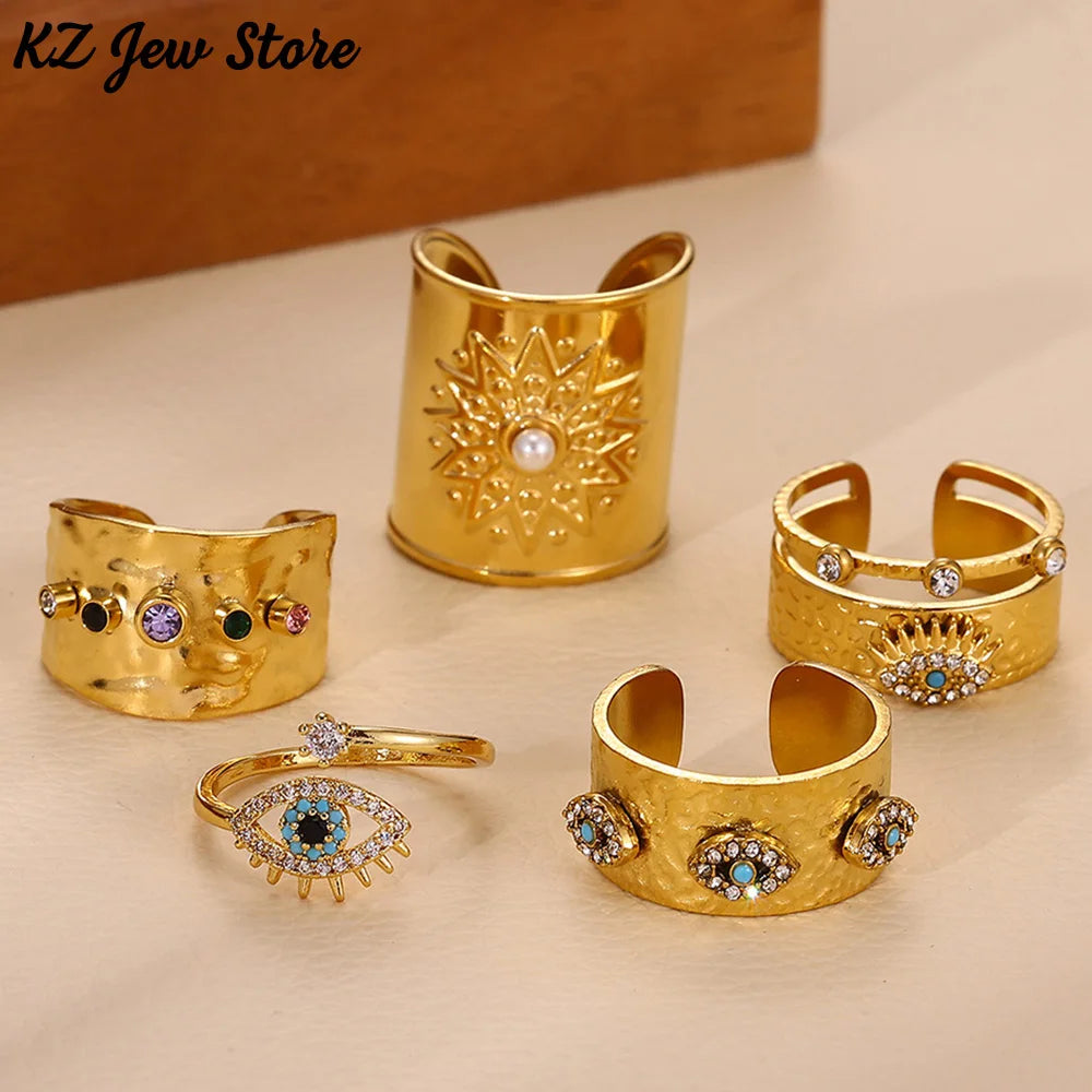 Punk Türkiye Eye Zirconcia Rings Gold Color Stainless Steel Waterproof