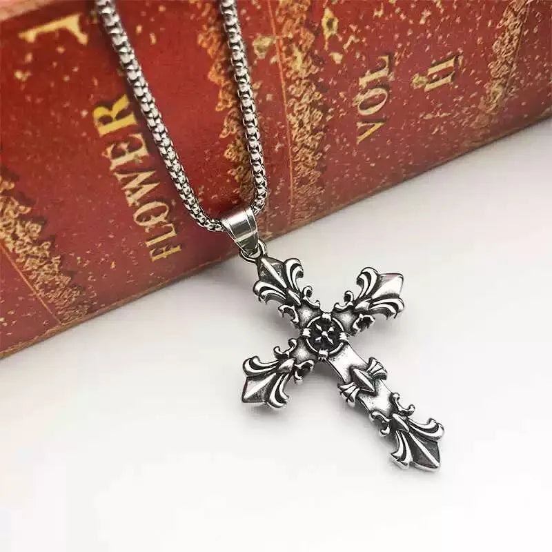 Men Unisex Vintage Silver Color Cross Pendant Necklace