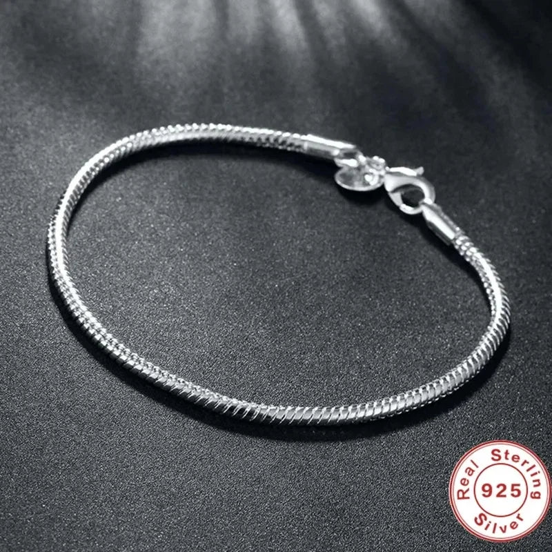 Handmade 925 Sterling Silver Charm Bracelet Soft Smooth Snake Bone Bracelets for Women