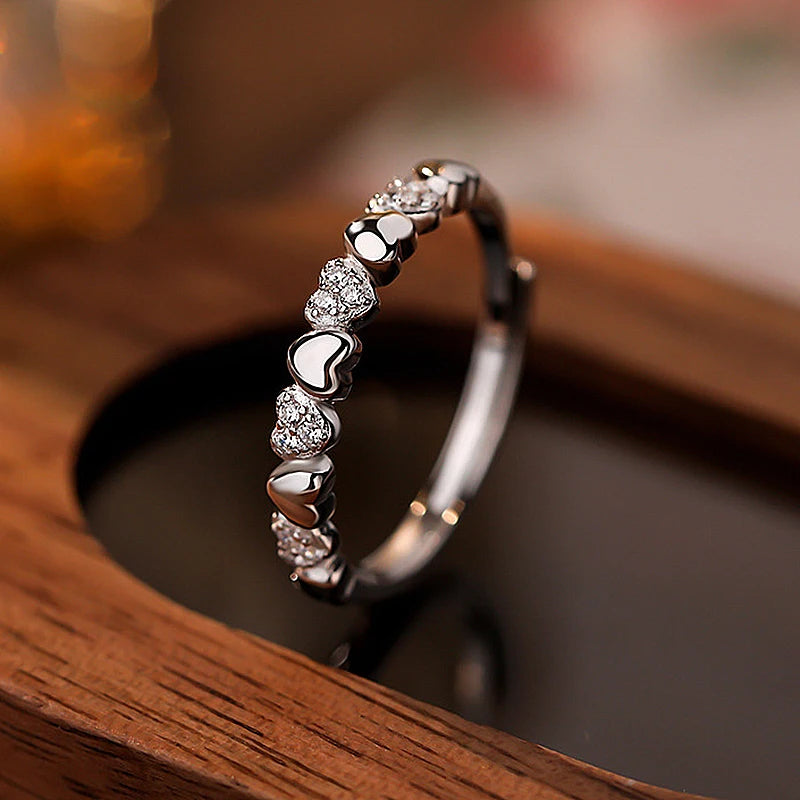 Real 925 Sterling Silver Zircon Heart Adjustable Ring