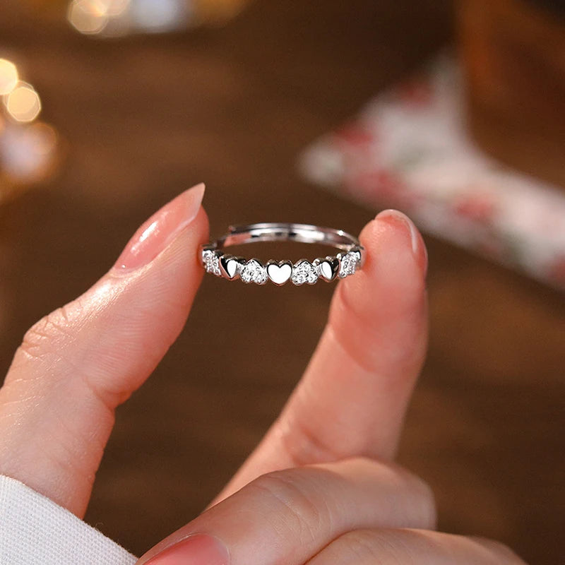 Real 925 Sterling Silver Zircon Heart Adjustable Ring