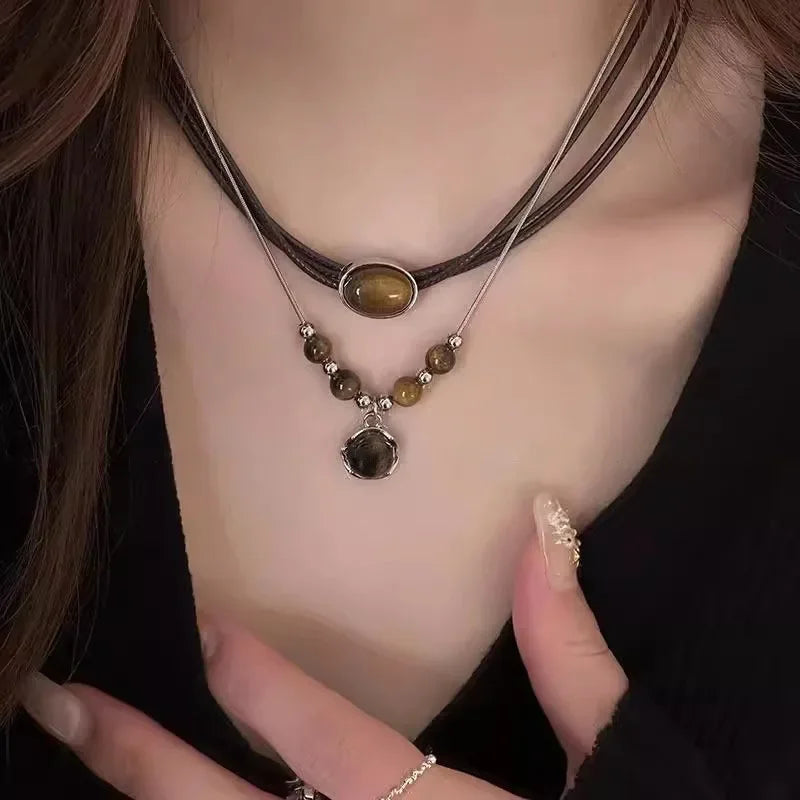 Vintage Leather Brown Stone Pendant Necklace Women's Retro