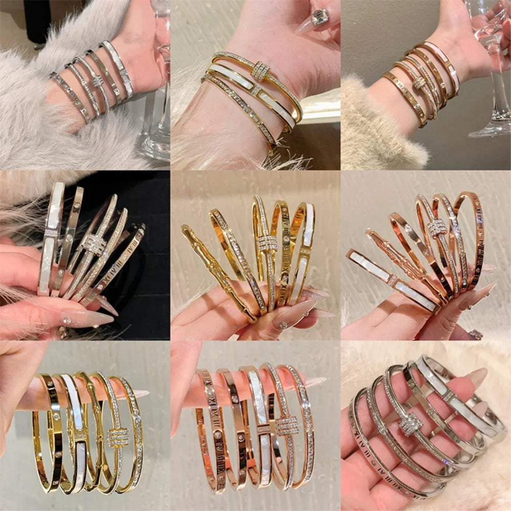 Titanium Steel Gold Plated Bangles Bracelet for Women Girls Gifts Trend Waterproof Jewelry Luxury Sparkling Zircon Open Bangle