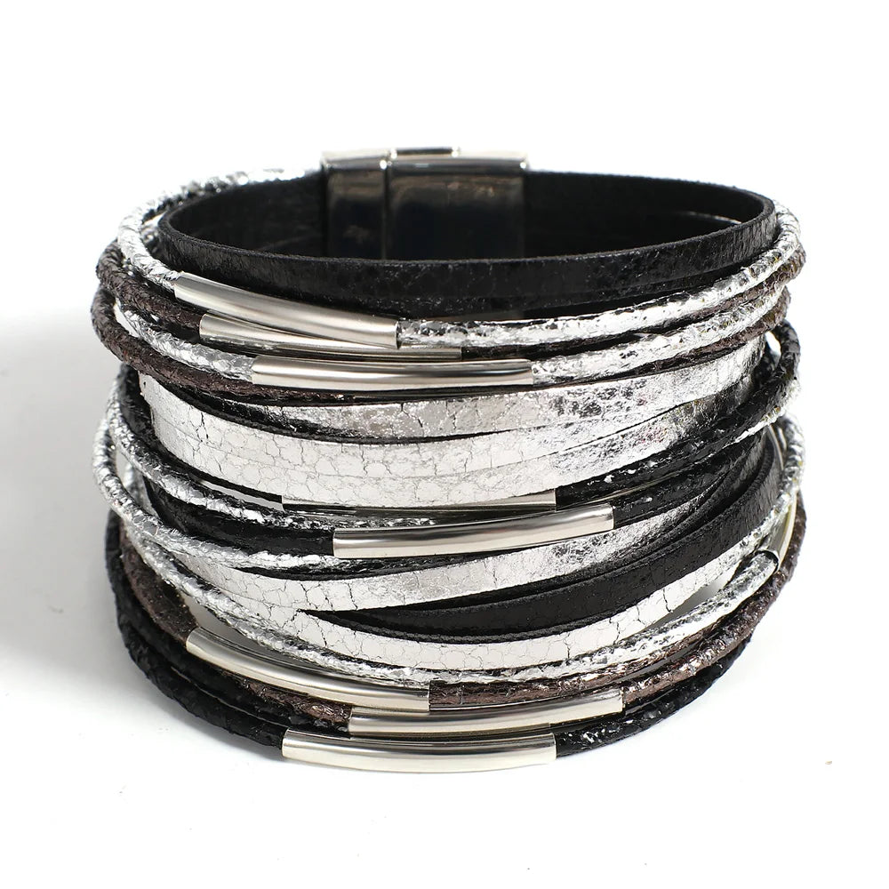 Leather Bracelet for Women Men Chunky Glitter Filled Slim Multilayer Wrap Wide Bracelets Party Jewelry