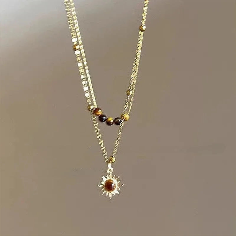 Vintage Leather Brown Stone Pendant Necklace Women's Retro