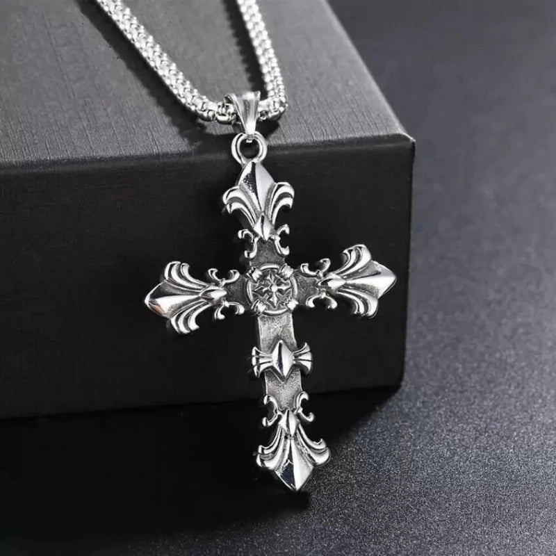 Men Unisex Vintage Silver Color Cross Pendant Necklace
