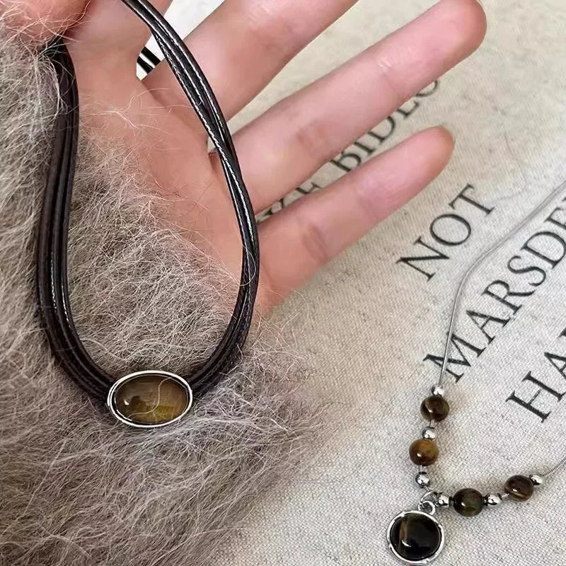Vintage Leather Brown Stone Pendant Necklace Women's Retro