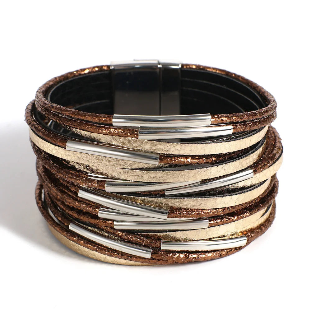 Leather Bracelet for Women Men Chunky Glitter Filled Slim Multilayer Wrap Wide Bracelets Party Jewelry