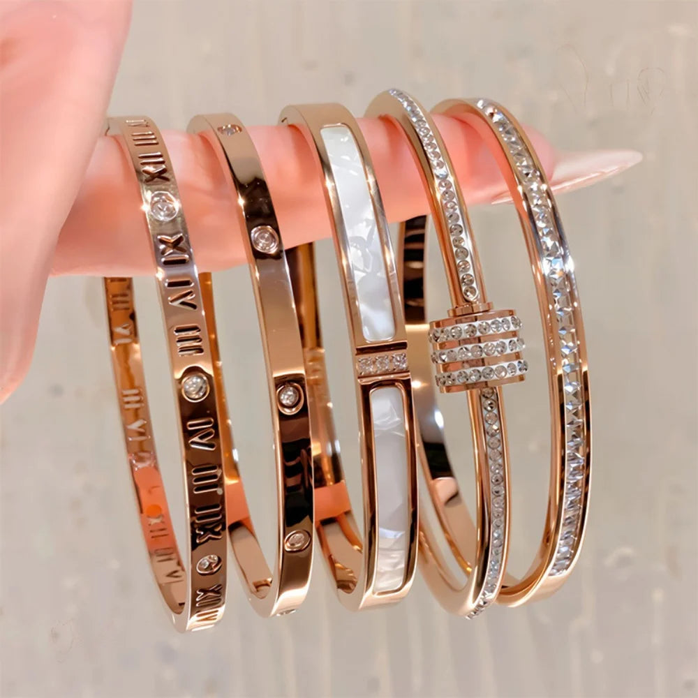 Titanium Steel Gold Plated Bangles Bracelet for Women Girls Gifts Trend Waterproof Jewelry Luxury Sparkling Zircon Open Bangle