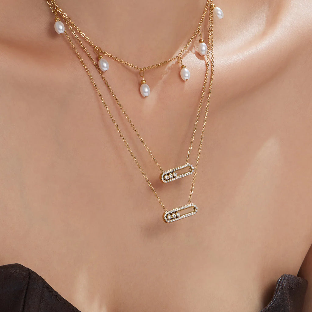 Three Slidable Zircon Pendant Necklace 18k Gold Plated Stainless Steel