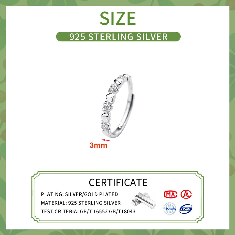 Real 925 Sterling Silver Zircon Heart Adjustable Ring