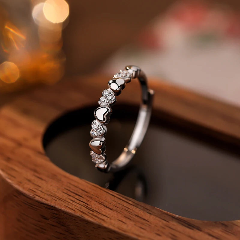 Real 925 Sterling Silver Zircon Heart Adjustable Ring