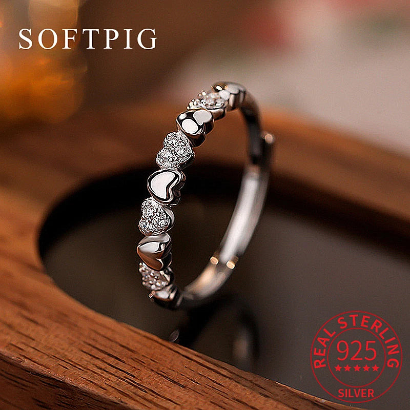 Real 925 Sterling Silver Zircon Heart Adjustable Ring