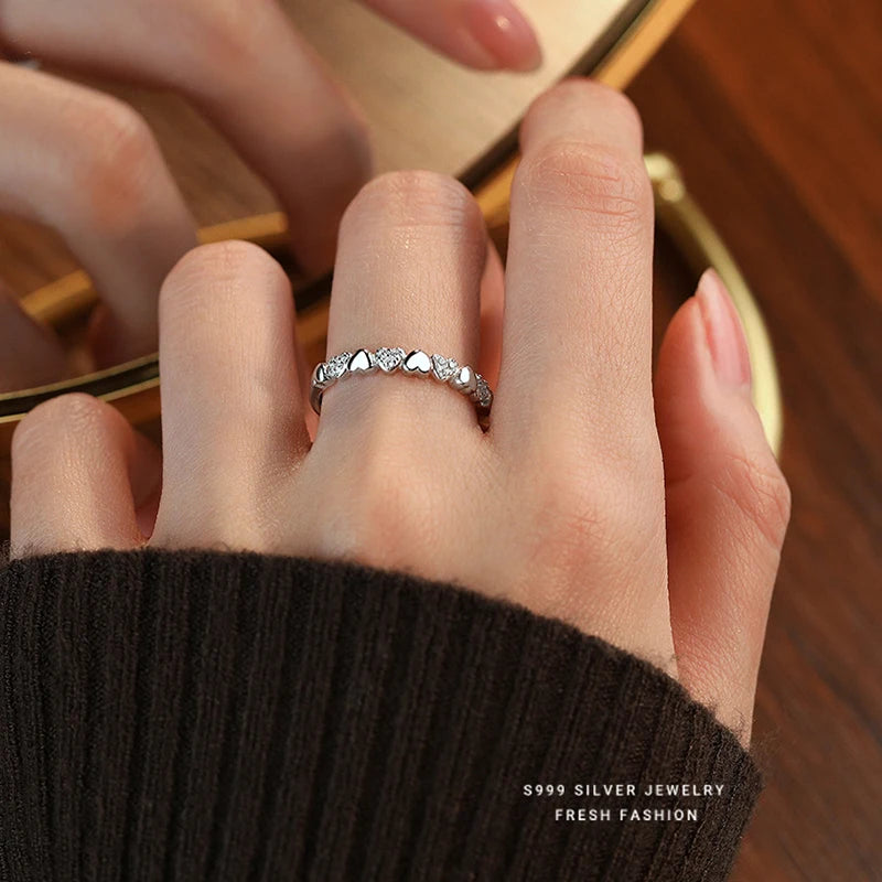 Real 925 Sterling Silver Zircon Heart Adjustable Ring