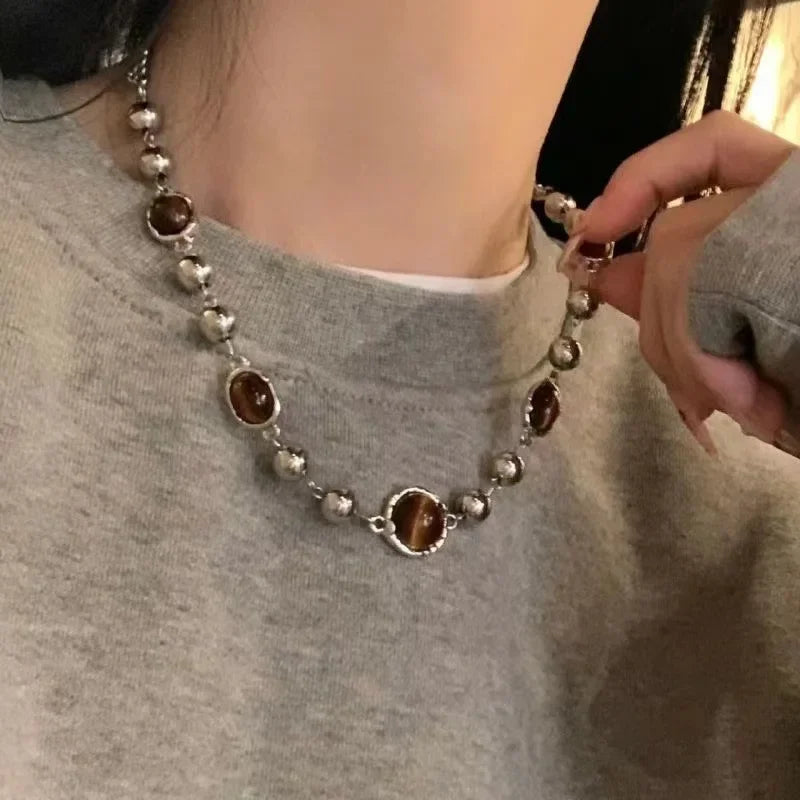 Vintage Leather Brown Stone Pendant Necklace Women's Retro
