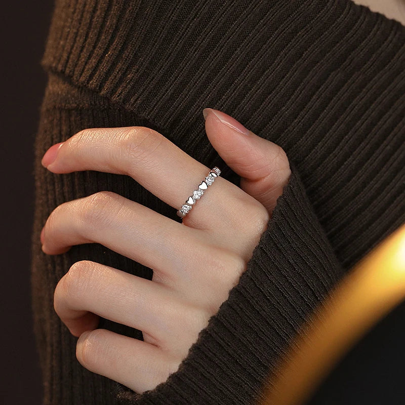 Real 925 Sterling Silver Zircon Heart Adjustable Ring