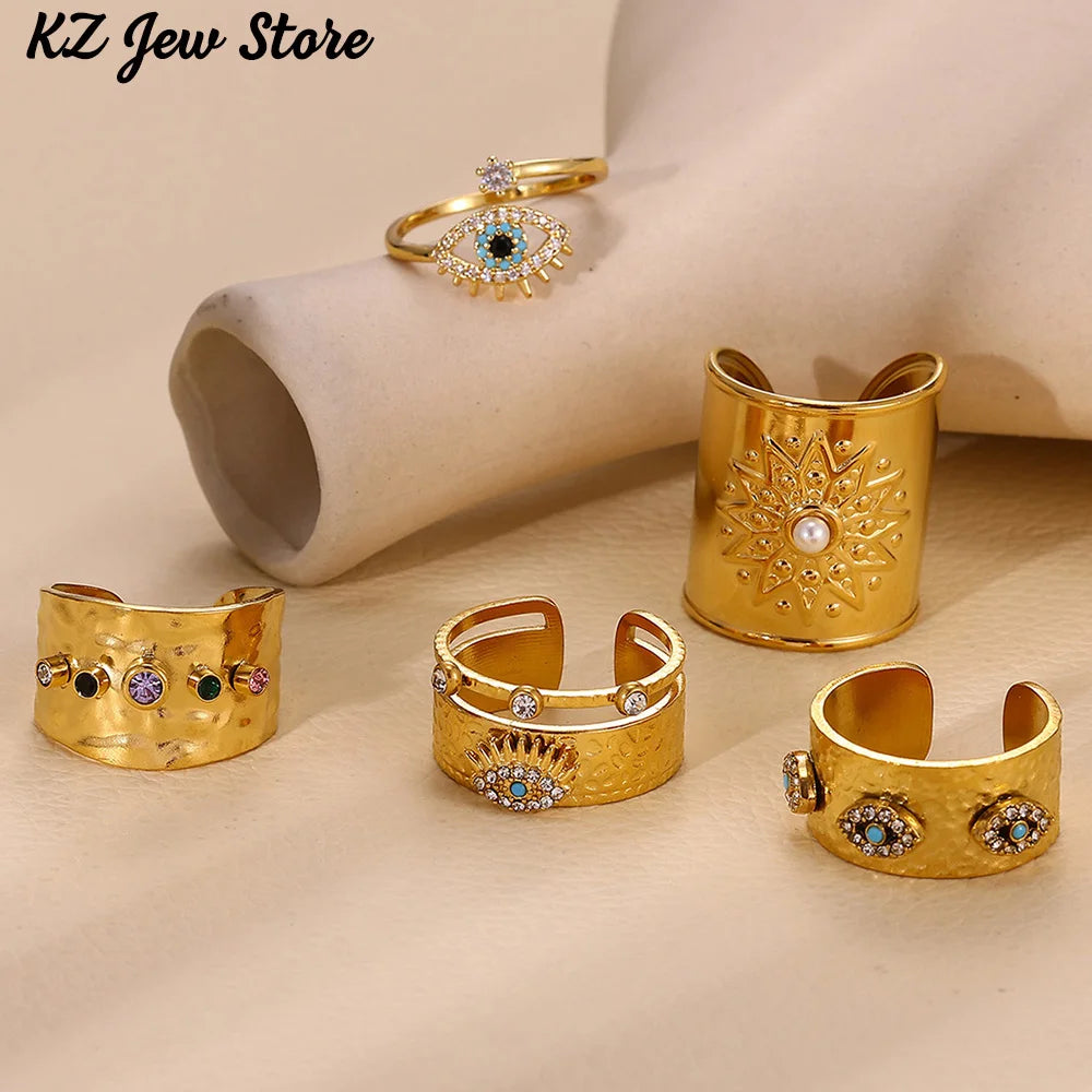 Punk Türkiye Eye Zirconcia Rings Gold Color Stainless Steel Waterproof