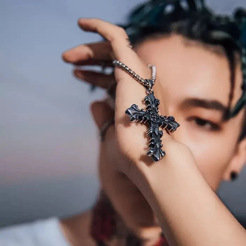 Men Unisex Vintage Silver Color Cross Pendant Necklace