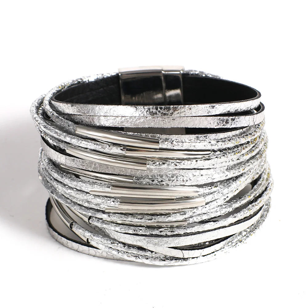 Leather Bracelet for Women Men Chunky Glitter Filled Slim Multilayer Wrap Wide Bracelets Party Jewelry
