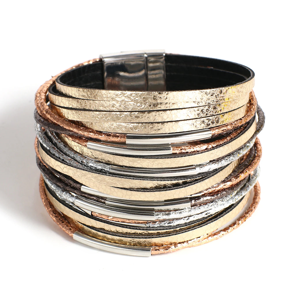 Leather Bracelet for Women Men Chunky Glitter Filled Slim Multilayer Wrap Wide Bracelets Party Jewelry