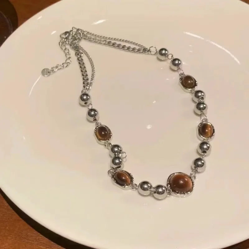 Vintage Leather Brown Stone Pendant Necklace Women's Retro