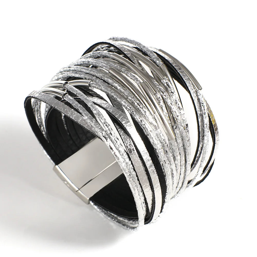 Leather Bracelet for Women Men Chunky Glitter Filled Slim Multilayer Wrap Wide Bracelets Party Jewelry