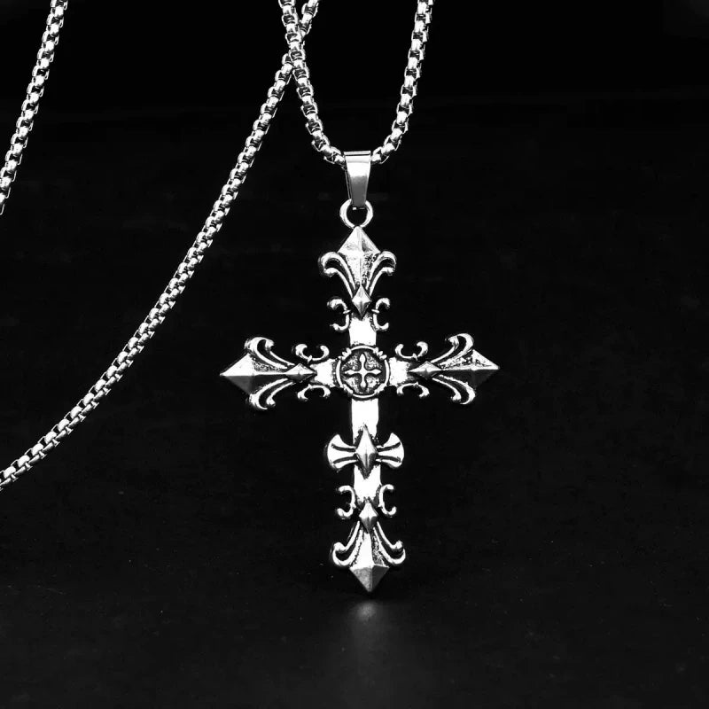Men Unisex Vintage Silver Color Cross Pendant Necklace